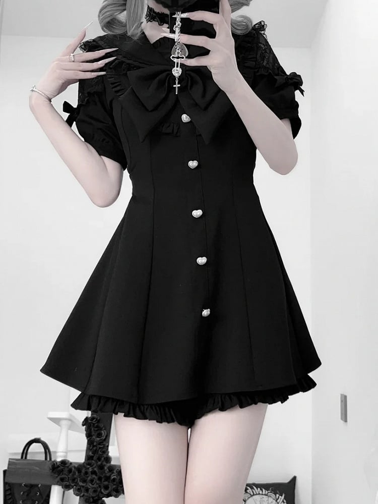 Black Jirai Kei Set - Sailer Collar Sweetheart Buttons Short Sleeves Top + Shorts + Bow Tie