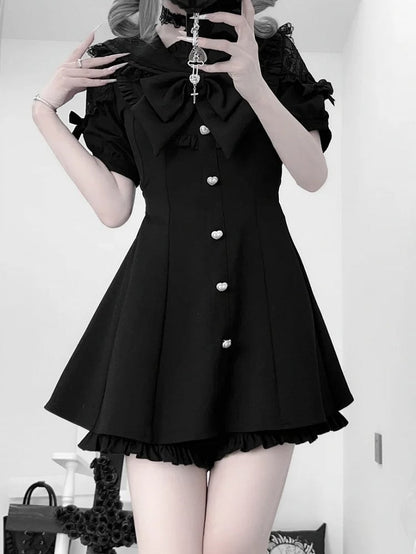 Black Jirai Kei Set - Sailer Collar Sweetheart Buttons Short Sleeves Top + Shorts + Bow Tie
