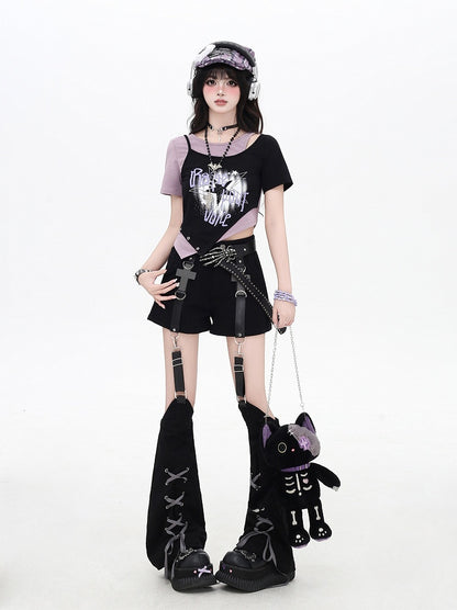 Asymmetrical Hem Star Print Black&Gray / Black&Purple Faux Two-pieces T-shirt