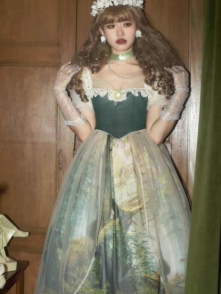 Dark Green & Apricot Basque Waist Forest Print Elegant Classic Lolita Dress with Overlay