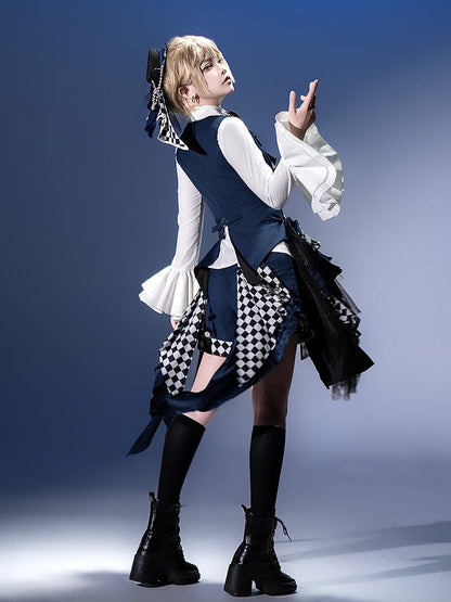 Ouji Lolita Dark Blue/Brown/Purple Checked Pattern Mini Hat with Beaded Chains