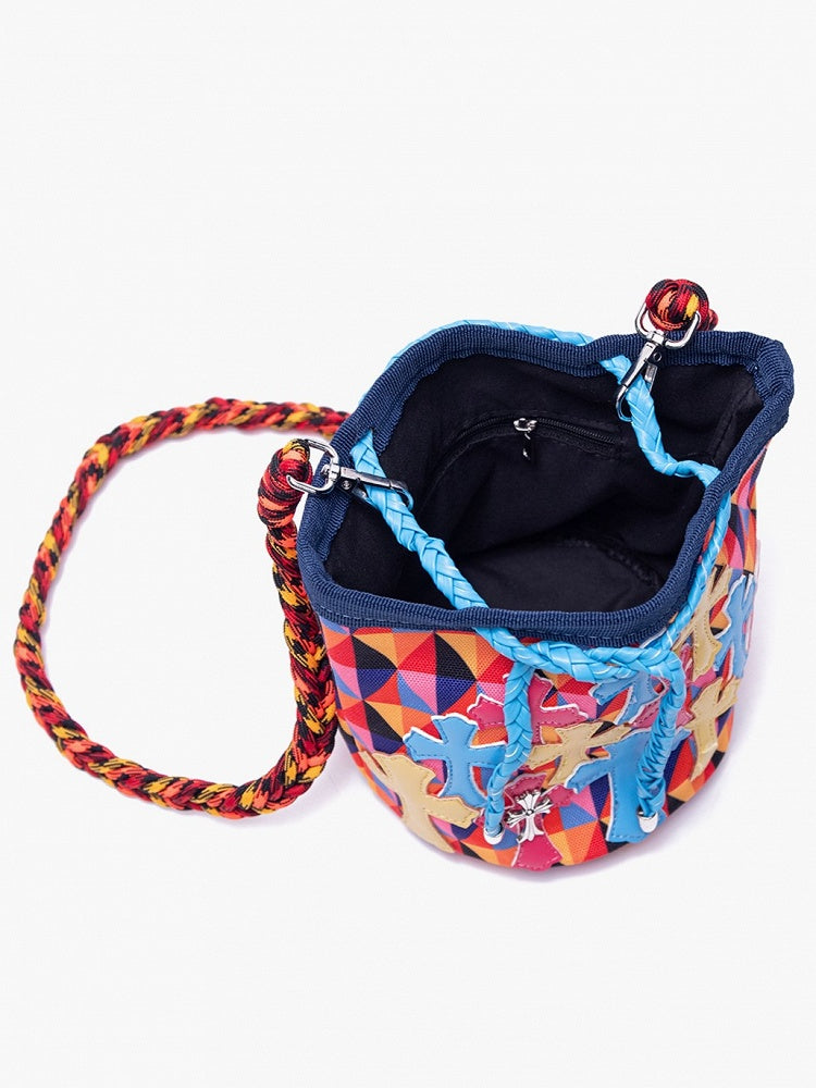 Colorful Diamond Pattern Crossbody Bag With Cross Accents & Multicolor Braided Strap
