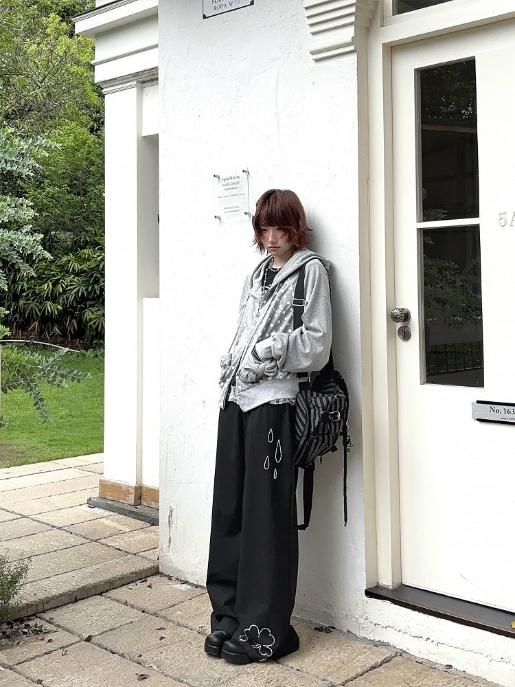 Black Wide-Leg Pants with Raindrop and Clover Rhinestone and Lace Trim