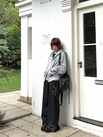 Black Wide-Leg Pants with Raindrop and Clover Rhinestone and Lace Trim