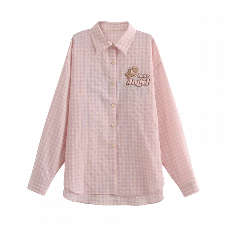 Adorable Bear Embroidery Pink Loose Plaid Shirt