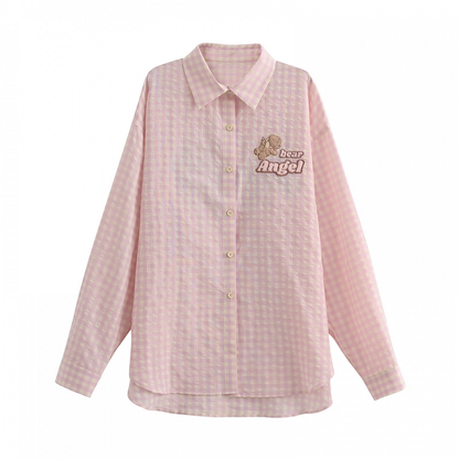 Adorable Bear Embroidery Pink Loose Plaid Shirt