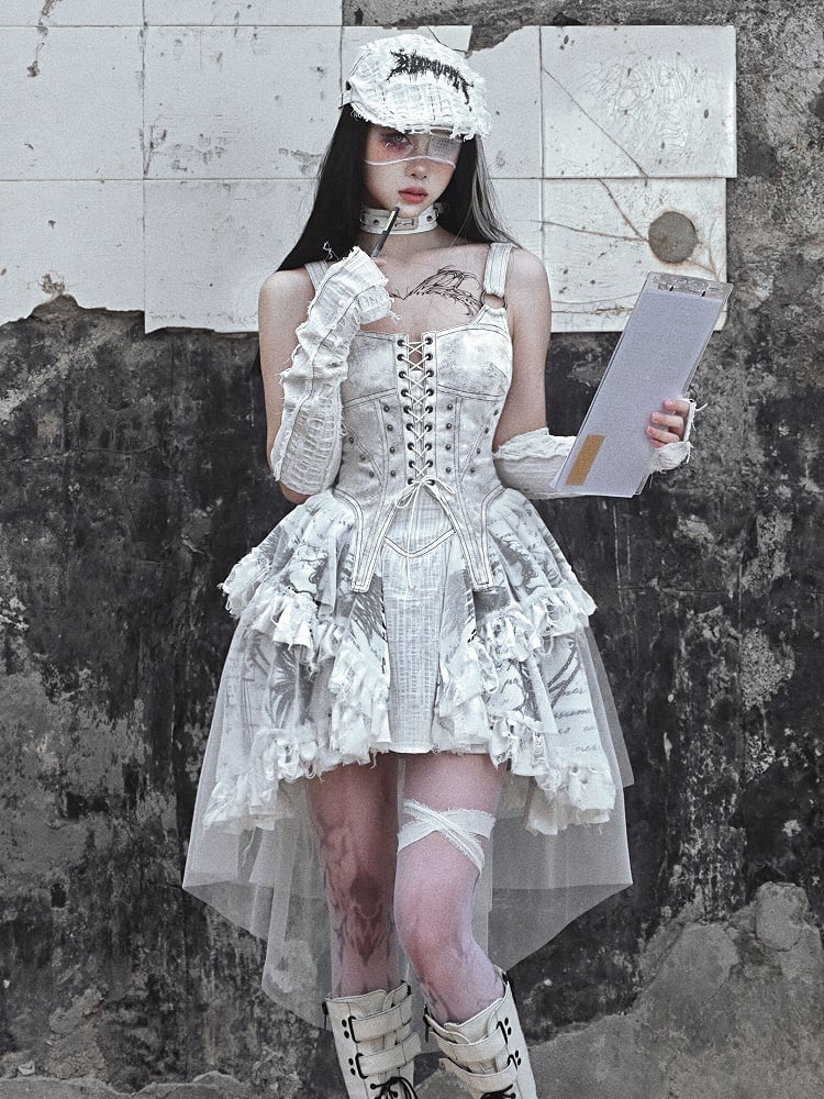 Grey Punk Corset Bodice Dress with Detachable Tulle Train