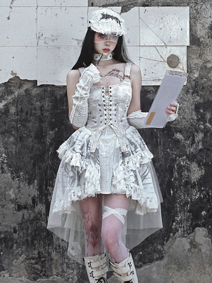 Grey Punk Corset Bodice Dress with Detachable Tulle Train