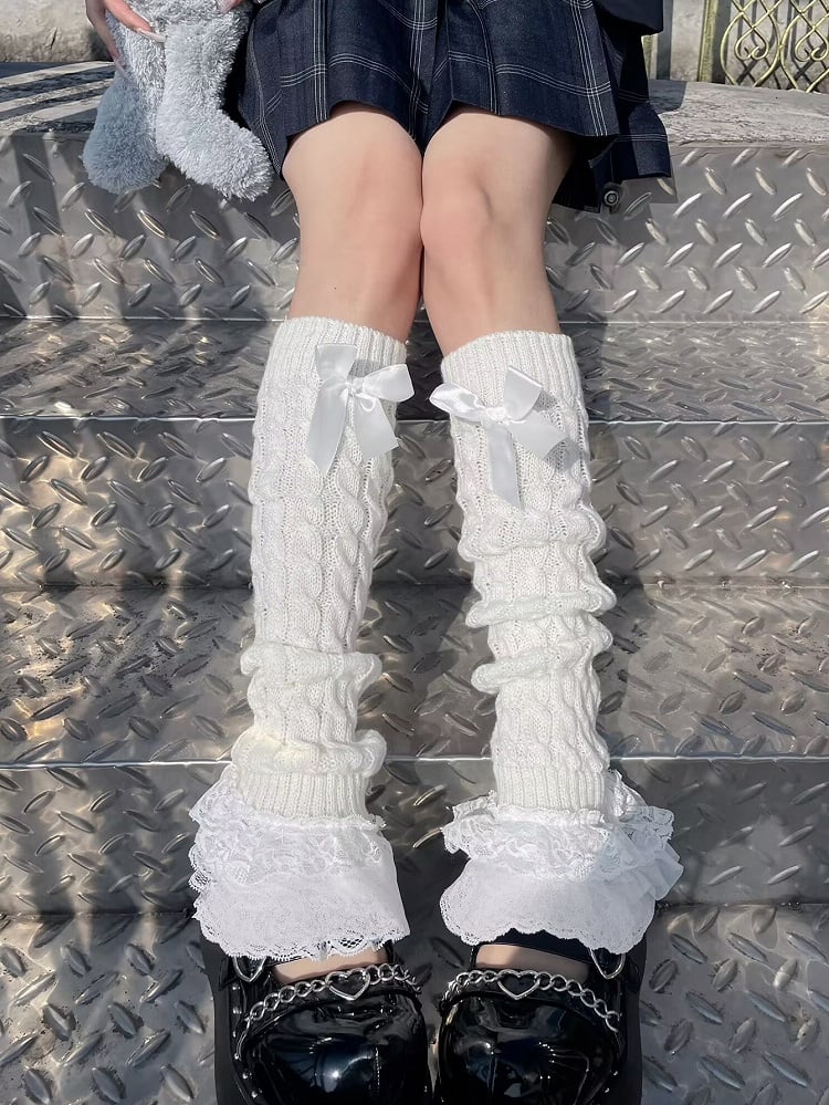 White/Black Ruffled Lace Cuff Bow Lolita Leg Warmers