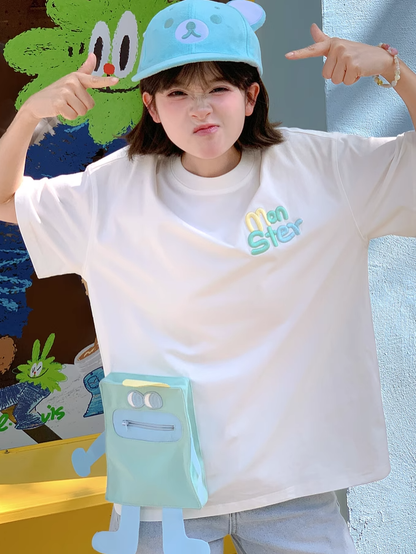 Blue/Pink Cartoon Pocket White Round Neck Loose T-shirt