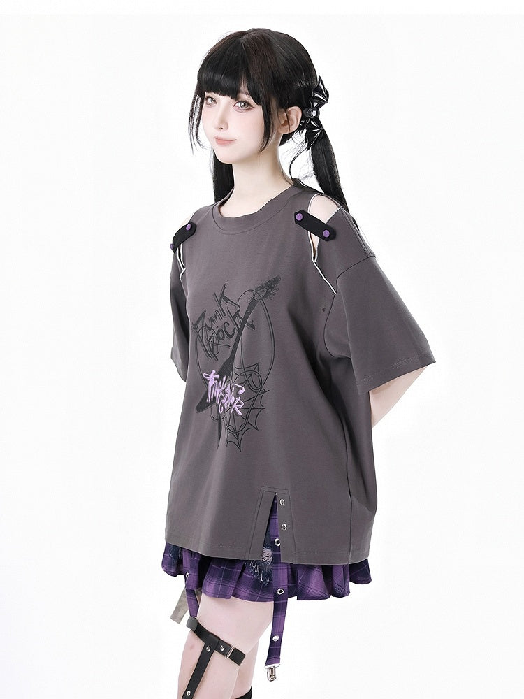 Dusty Gray Cutout Shoulder Slit Hem Punk Rock Graphic T-Shirt