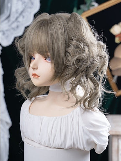 Gray Brown 30CM Length Synthetic Wig With Double Ponytail Claw Clips