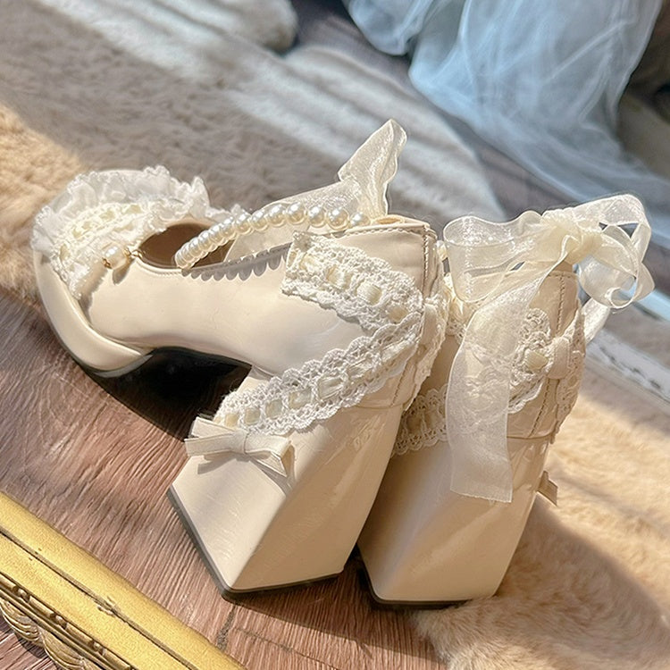 Beige Bow Accent Detachable Beaded Chain Lolita Block Heels