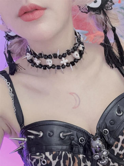 White Punk Skulls and Crosses Black Beads Studs Choker