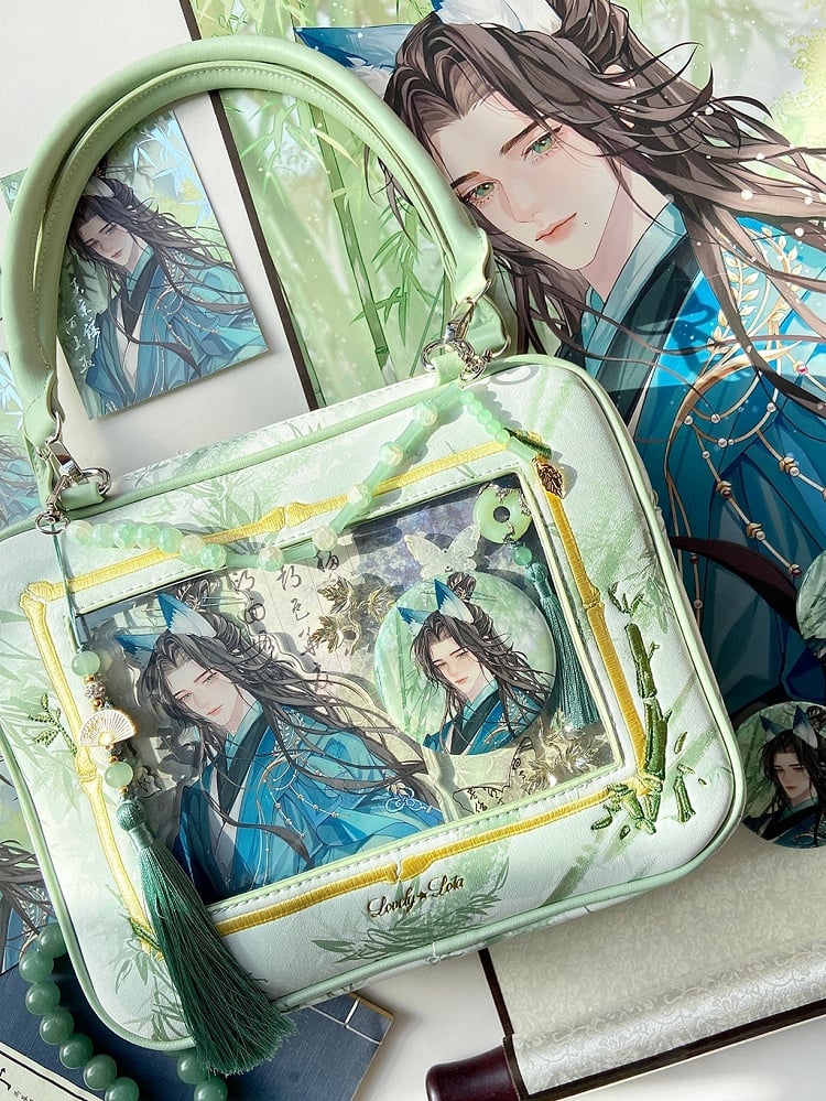 Light Green Bamboo Leaf Pattern Cheongsam Style Ita Shoulder Bag with Detachable Beaded Chain