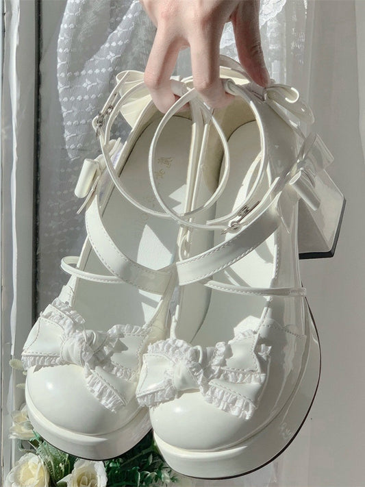 Bow at Top White Sweet High Block Heel Mary Janes Ankle Strap