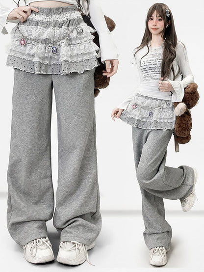 Gray Y2K Bittersweet Wide-leg Cut Pants + Polka-dot Pattern Lace Trim Tiered Skirt