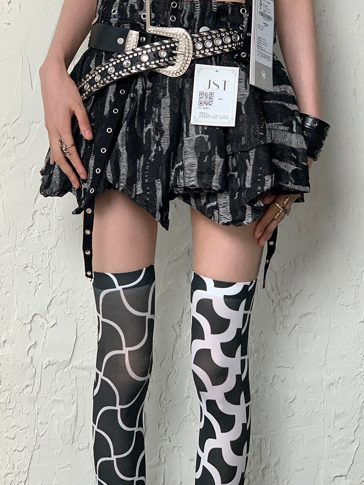 Black&White Y2K Asymmetrical Design Overknee Stockings