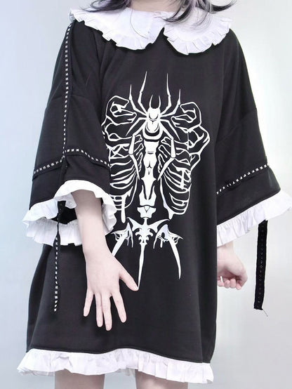 Black Jirai Kei Peter Pan Collar Insect Print Ruffles Trim T-shirt With Studs Decorated Leg Warmers