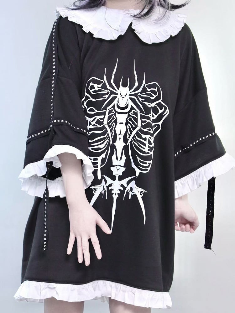 Black Jirai Kei Peter Pan Collar Insect Print Ruffles Trim T-shirt With Studs Decorated Leg Warmers