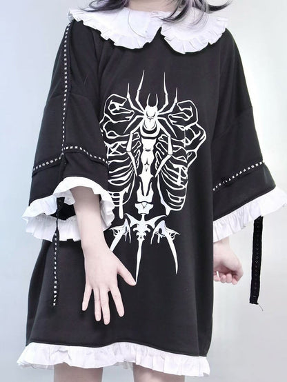 Black Jirai Kei Peter Pan Collar Insect Print Ruffles Trim T-shirt With Studs Decorated Leg Warmers