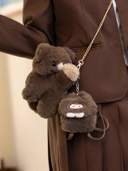 Brown Bear Plush Backpack/Crossbody Bag + Keychain Small/Middle/Large Size