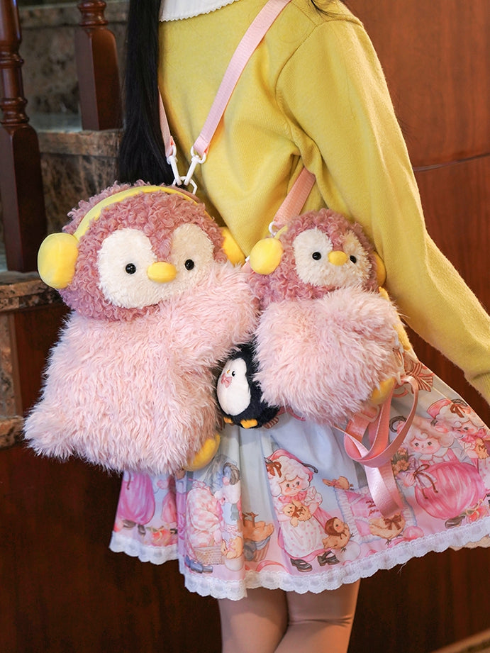Pink Cute Penguin Plush Backpack/Crossbody Bag + Penguin Keychain Middle/Large Size