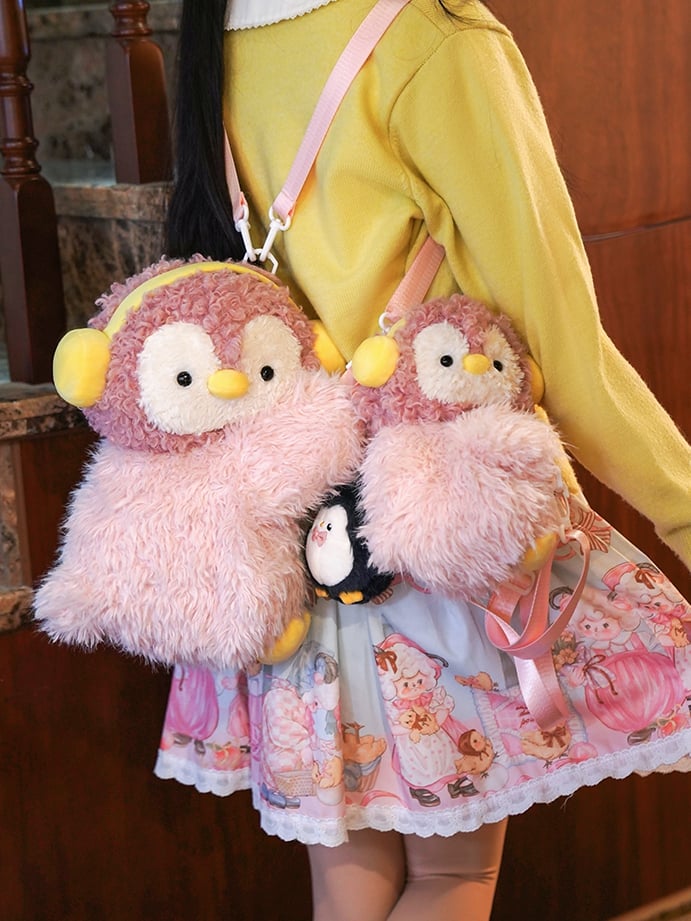 Pink Cute Penguin Plush Backpack/Crossbody Bag + Penguin Keychain Middle/Large Size