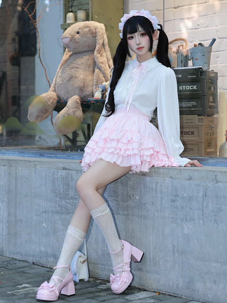 Sweet Ruffle White Shirt with Lace Placket and Flounce Sleeves