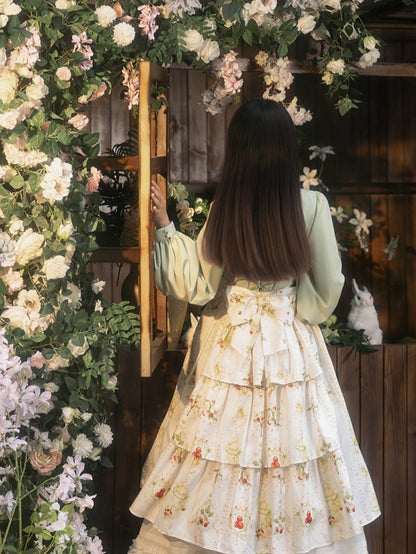 White Box Pleat Elegant Classic Lolita Skirt with Hawthorn and Bird Print and Green Lace-Up Waistband