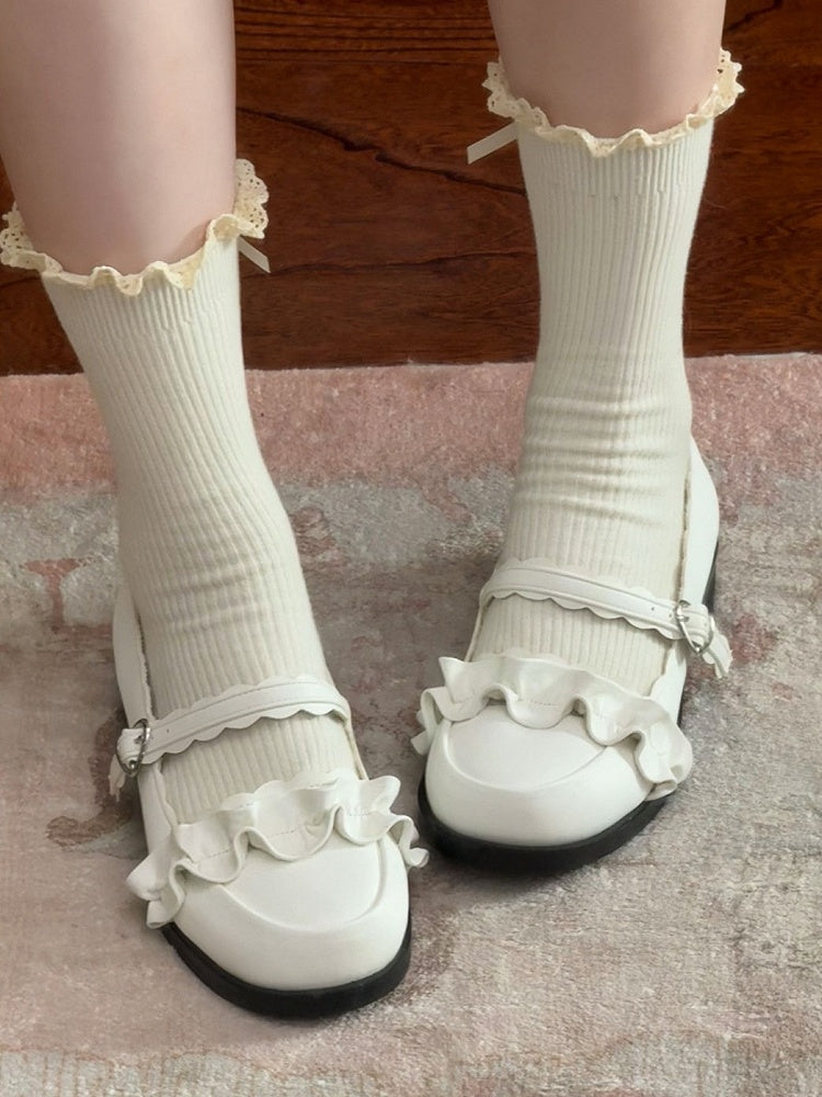 White Ruffles Trim Bowknot Decorated Heart Buckles Lolita Shoes