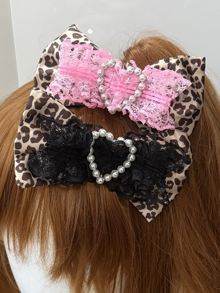 Pink/Black Beaded Heart Decorated Leopard Pattern Bowknot Hairclip