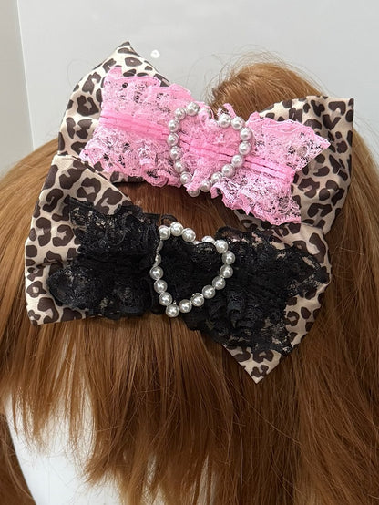 Pink/Black Beaded Heart Decorated Leopard Pattern Bowknot Hairclip