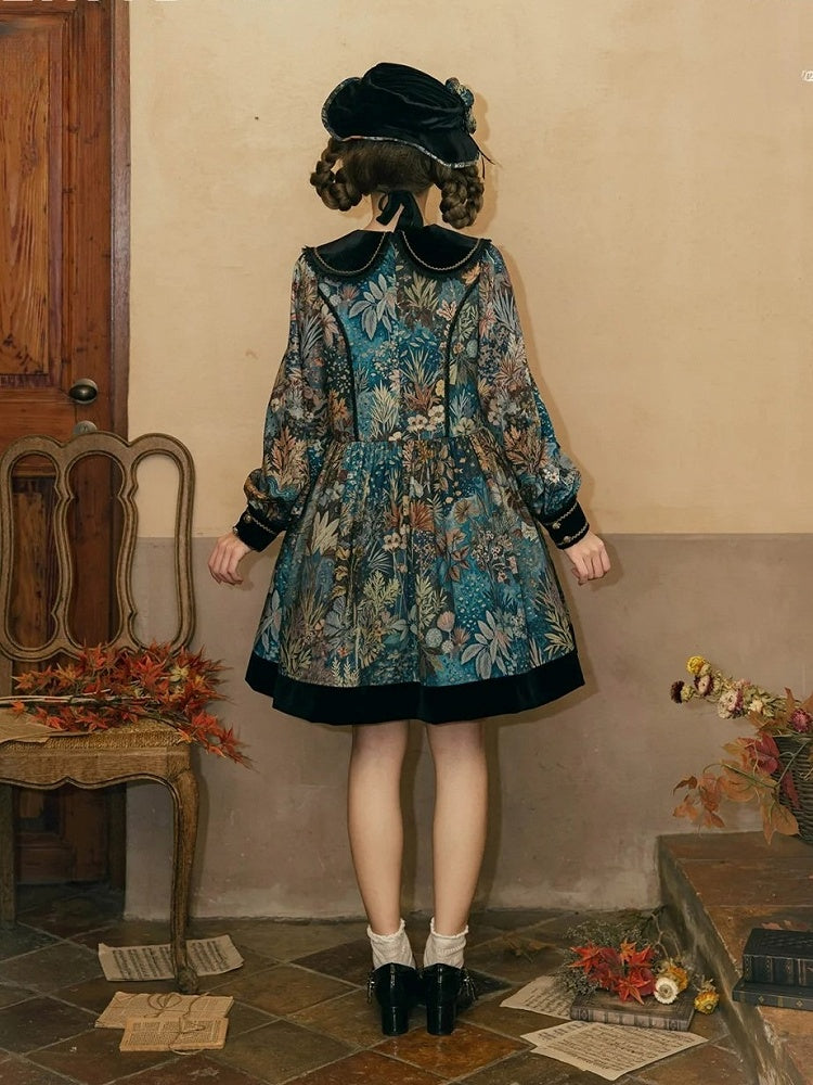 Green & Blue Floral Print Long-Sleeve Elegant Classic Lolita Dress with Black Collar and Cuffs