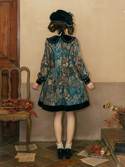 Green & Blue Floral Print Long-Sleeve Elegant Classic Lolita Dress with Black Collar and Cuffs