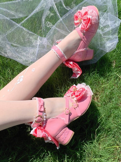 Peach Pink Beaded Decorated Bow at Top Crisscross Design Lace Trim Sweet Lolita Shoes