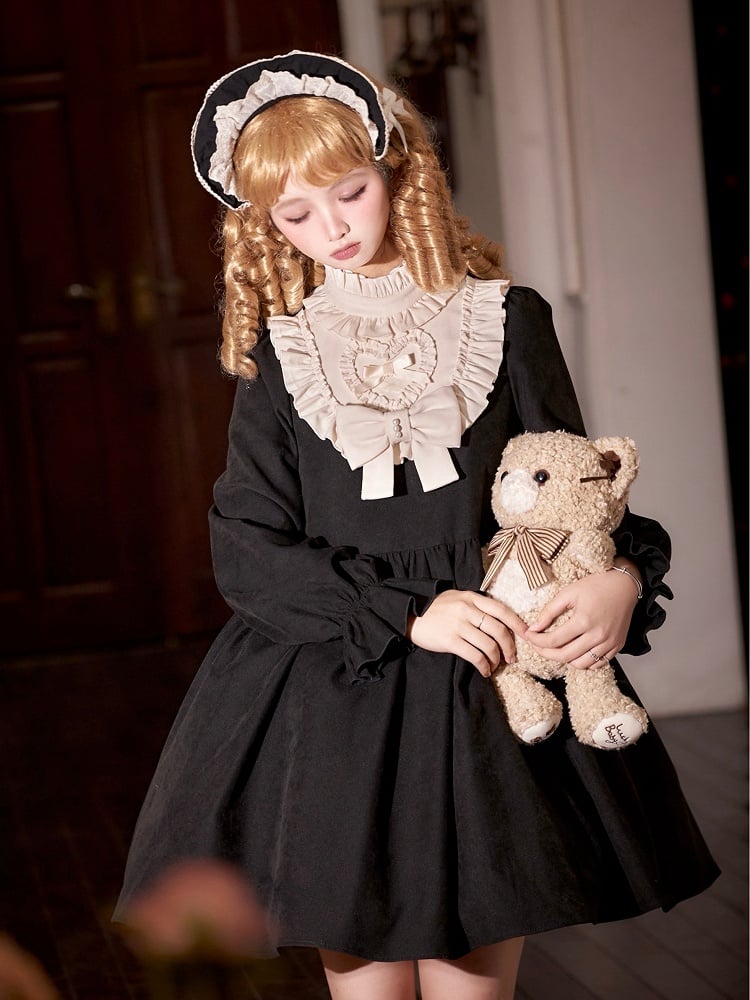 Clearance-Size S for Bust 88CM Beige Ruffle Neckline Black High Waist Long Balloon Sleeves Lolita Dress Short Version