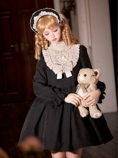 Clearance-Size S for Bust 88CM Beige Ruffle Neckline Black High Waist Long Balloon Sleeves Lolita Dress Short Version