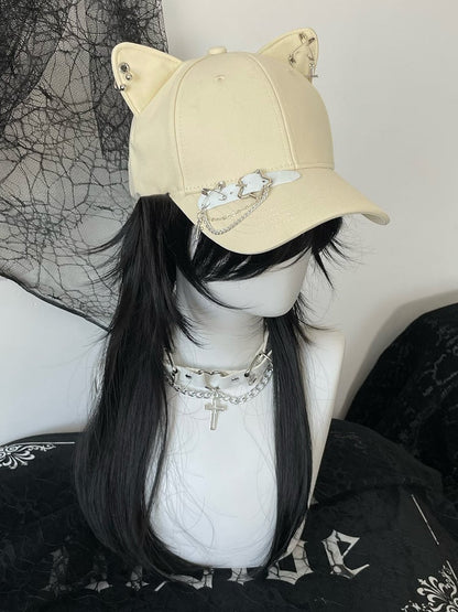 Blue/Black/Yellow Cross Charm Pin Decorated Star Buckle Kitty Ear Cap