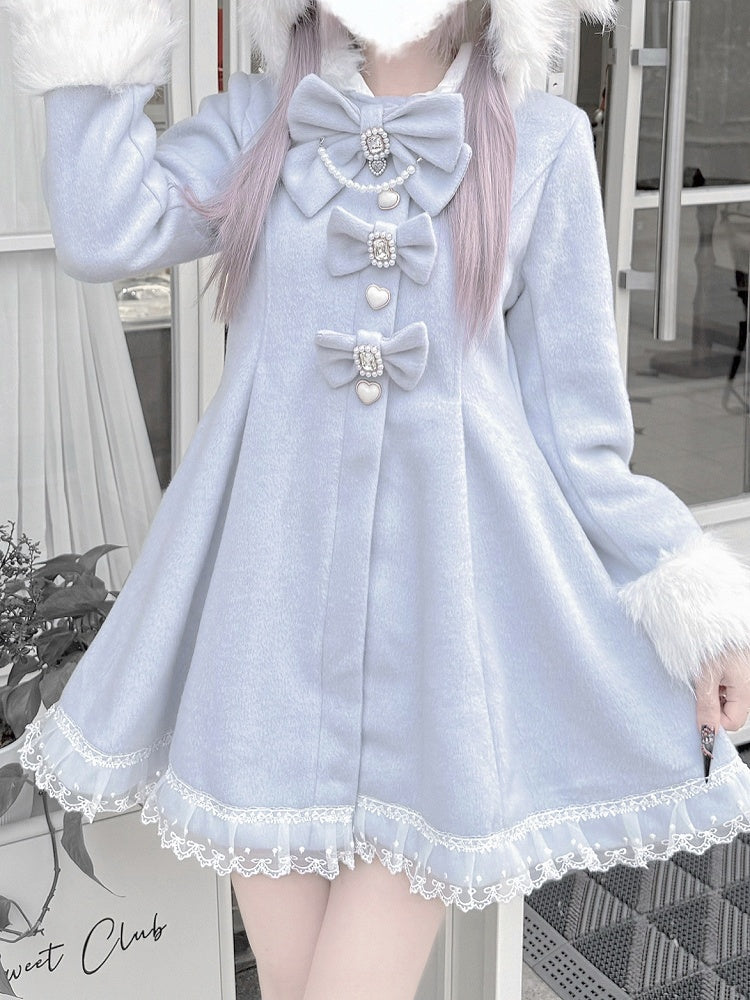 Jirai Kei Light Blue A-Line Waisted Coat with Detachable Bunny Ears Hood & Bowknots