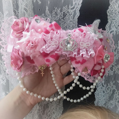 Pink Leopard Pattern Floral Design Beaded Charm Rhinestone Decorated Lace Trim Bowknot Hairclip