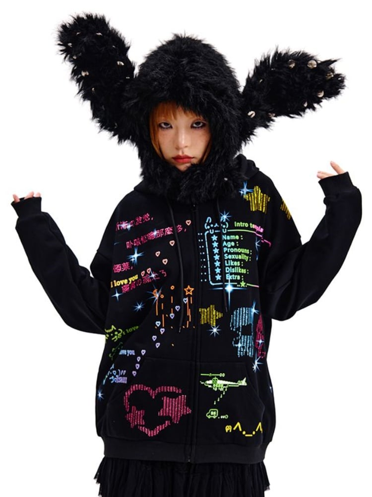 Black/White Studded Bunny Ear Hat