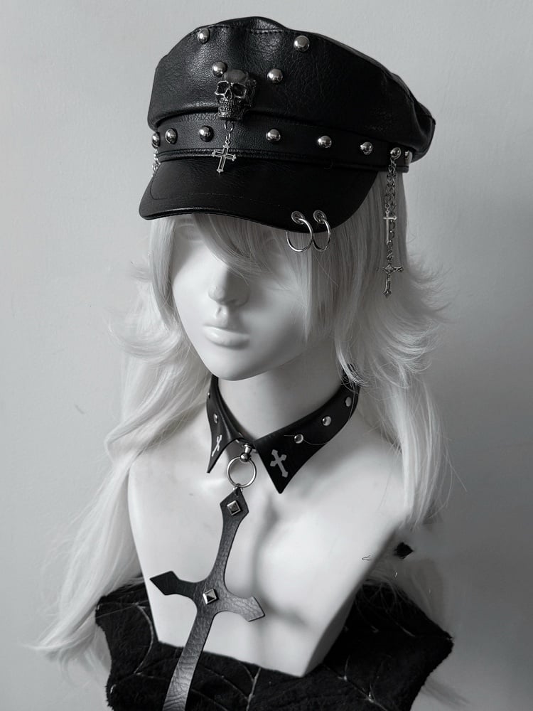 Y2K Black PU Cross Charm Punk Studded Hat
