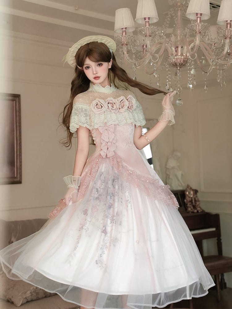 Pink Illusion Neckline Elegant Classic Lolita Top + Floral Print Skirt + Beaded Necklace Set