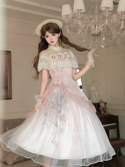 Pink Illusion Neckline Elegant Classic Lolita Top + Floral Print Skirt + Beaded Necklace Set