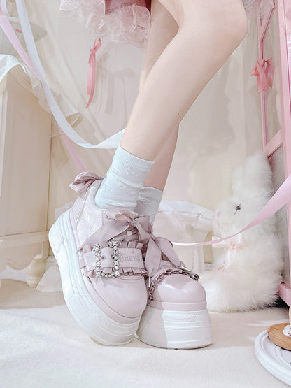Pink Bow Accents Beaded Buckle Design Jirai Kei Platforms Shoes