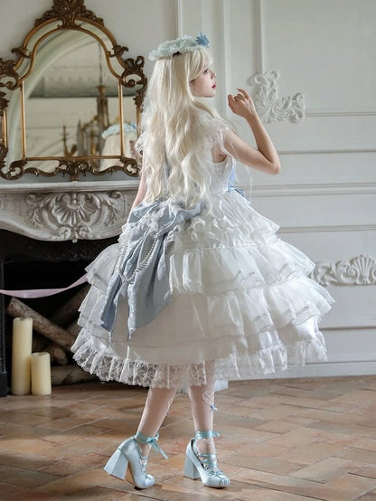 White and Blue Hanayome Bows Decoration Tiered Skirt Hime Dress Lolita JSK Full Set