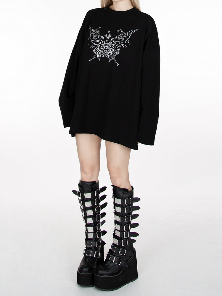 Black Rhinestone Butterfly Loose Sweatshirt