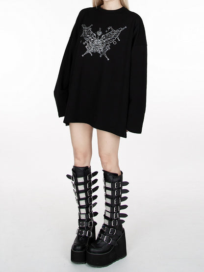 Black Rhinestone Butterfly Loose Sweatshirt