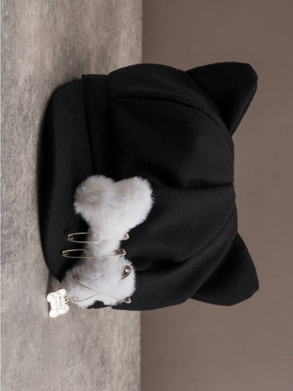 Black Gothic Pin Decorated Plush Bone Design Cat Ear Beret Hat